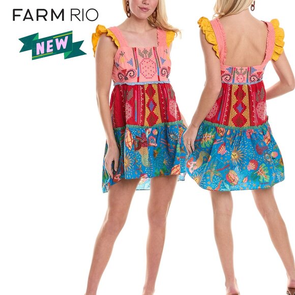 NEW NWT FARM RIO ANTHROPOLOGIE Dress Colorblock Stitch Cotton Sundress Size SM - Picture 3 of 10